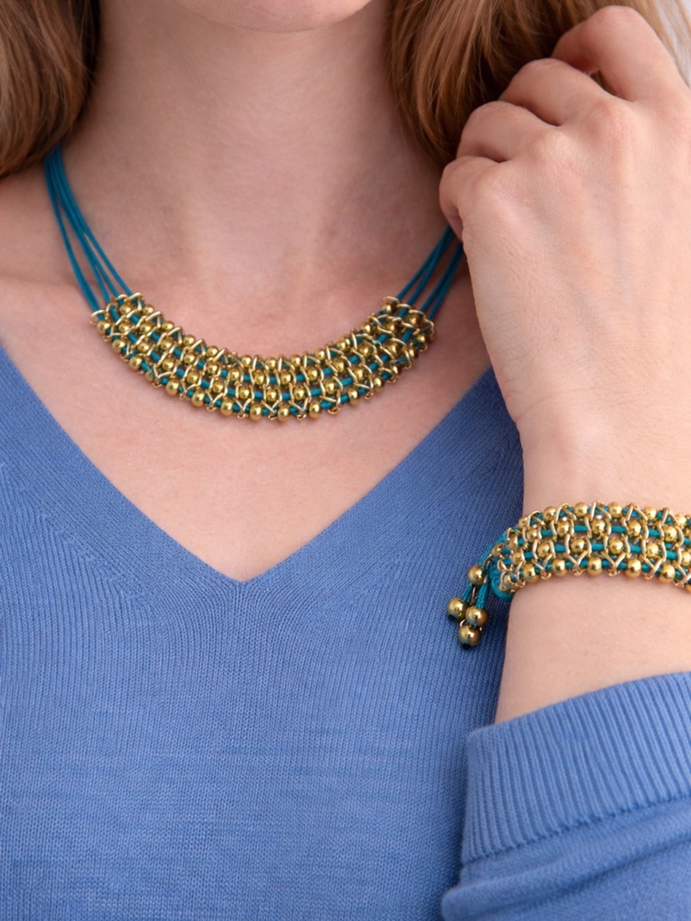 Gold Tone & Turquoise Blue Cord Necklace Bracelet Set Statement Adjustable
